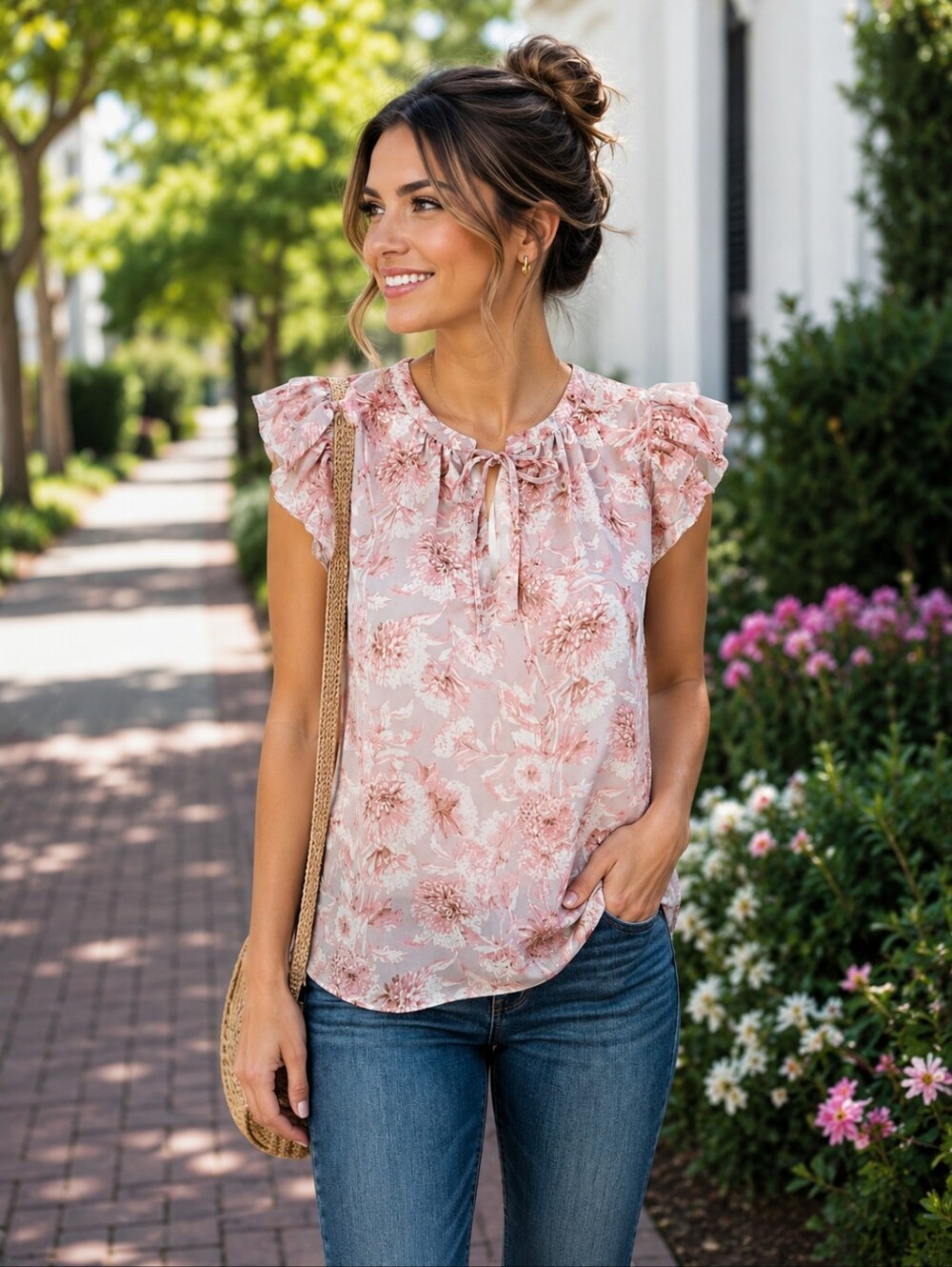 T Tahari Blush Pink Floral Ruffle Sleeve Tie Neck Blouse Top M